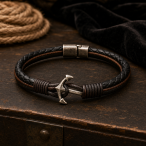 Bracelet pirate en cuir tressé avec ancre argent antique