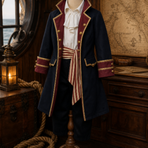 Costume de capitaine pirate enfant bleu marine et bordeaux sur mannequin