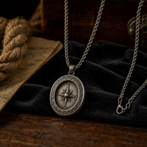 Pendentif boussole pirate en métal argent antique sur chaîne torsadée
