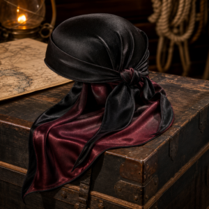 Durag pirate en soie noire et bordeaux — Le Pavillon de Nuit