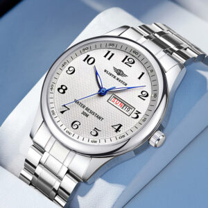 Montre argentée ultra-fine à cadran blanc et guichet jour-date