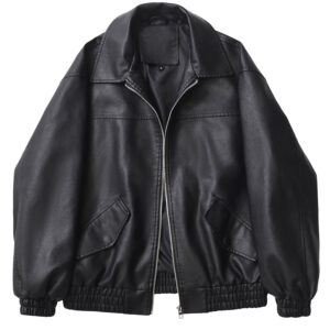 Blouson pirate noir en similicuir à col rabattu et poches
