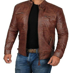 Veste pirate marron en similicuir à col montant et poches zippées