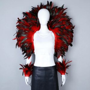 Ailes pirate rouges et noires en plumes avec poignets assortis