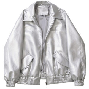 Veste bomber pirate argentée en similicuir avec col et poches à rabat