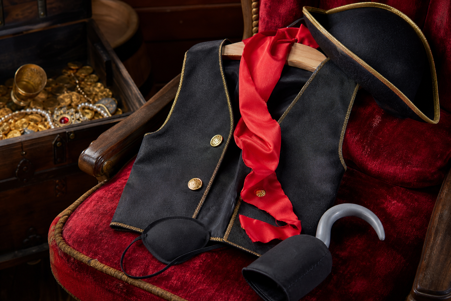 Détail du gilet pirate enfant et des accessoires de costume