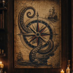 Carte murale pirate avec kraken et rose des vents