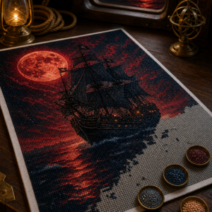 Peinture diamant 5D bateau pirate sous une lune rouge