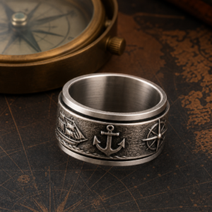 Bague spinner pirate couleur argent avec navire, ancre et compas