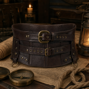 Ceinture-corset pirate steampunk en similicuir brun – Le Harnais de la Vigie