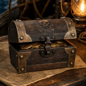 Coffre au trésor pirate vintage avec pièces dorées