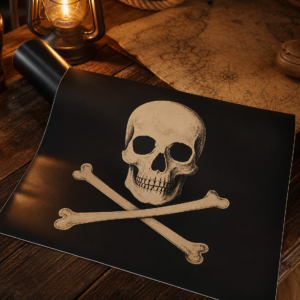 Autocollant mural pavillon pirate noir et ivoire dans une cabine de navire