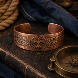 Bracelet manchette viking en cuivre — Le Serment d’Yggdrasil