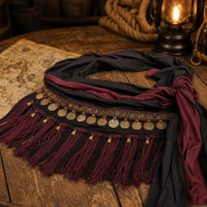 Ceinture foulard pirate à pièces et franges sur une table de cabine