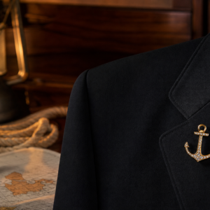 Broche pirate en forme d’ancre dorée à cristaux fixée sur le revers d’une veste noire de capitaine