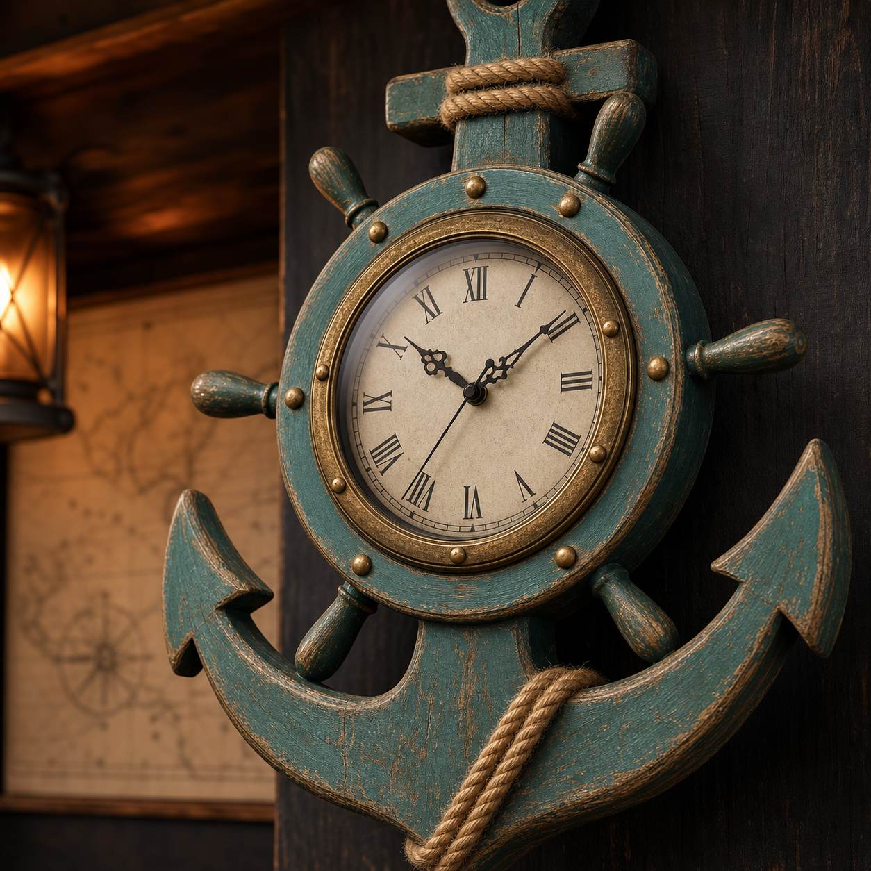 Détail de l’horloge ancre pirate, cadran et finition bleu patiné