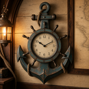 Horloge murale ancre pirate bleu patiné dans une cabine