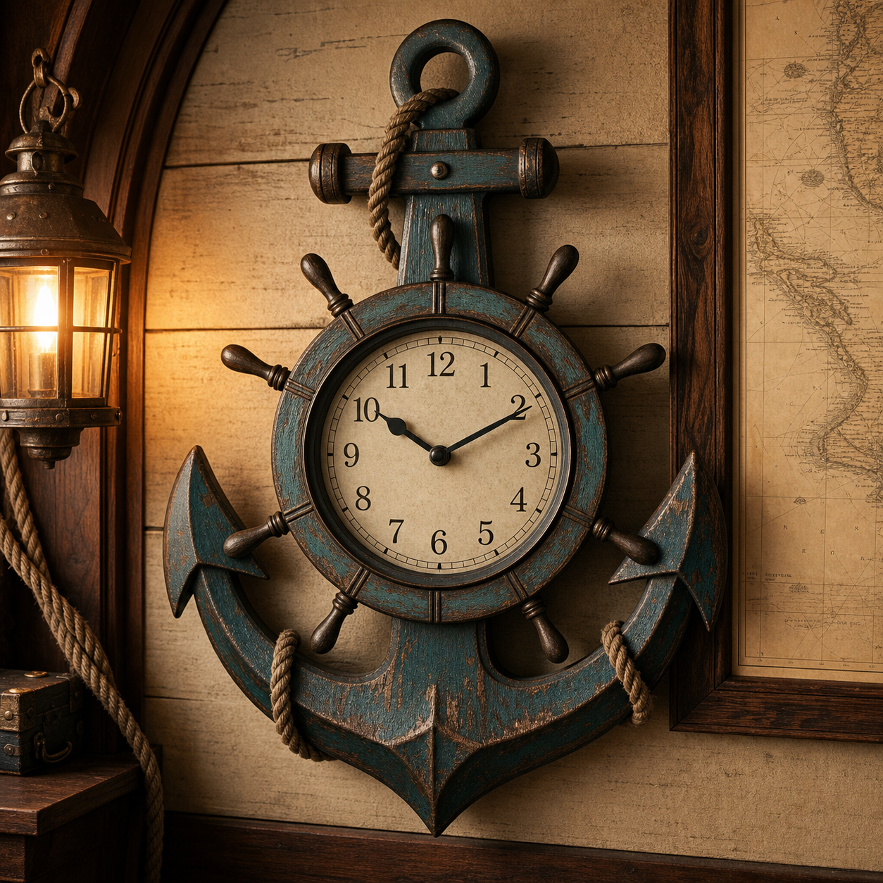 Horloge murale ancre pirate bleu patiné dans une cabine