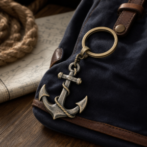 Porte-clés pirate ancre en métal patiné sur sac marin