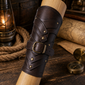 Brassard pirate en similicuir brun à panneaux cousus, rivets dorés et boucle réglable sur une table de navigateur