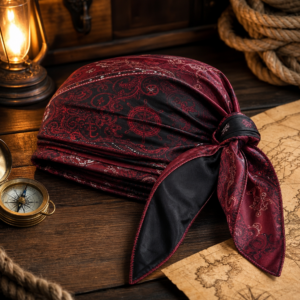 Bandana pirate bordeaux et noir plié sur une table de cabine
