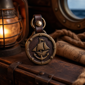 Pendentif porte-clés pirate en bronze et cuir brun avec voilier et ancre en relief sur une carte marine