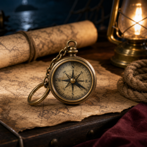 Porte-clés compas pirate en laiton sur une carte marine