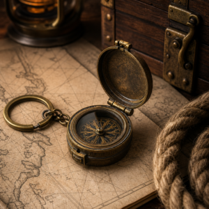 Porte-clés boussole pirate en métal doré vieilli ouvert sur une carte marine devant un coffre de cabine