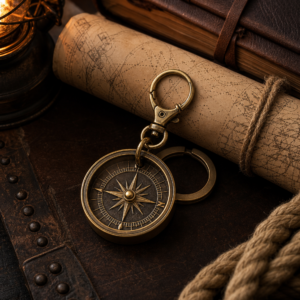 Mini boussole pirate porte-clés sur carte marine et carnet en cuir