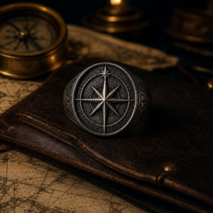 Bague pirate en acier avec rose des vents gravée sur une carte marine