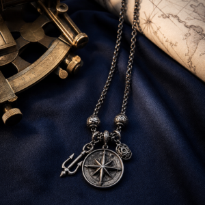 Collier pirate boussole et trident sur tissu bleu nuit