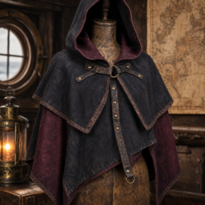 Cape pirate bordeaux et noire à capuche sur mannequin dans une cabine