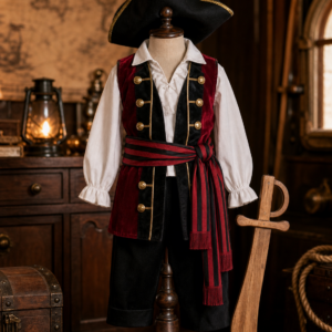 Costume pirate enfant rouge et noir sur mannequin dans une cabine
