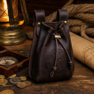 Bourse pirate en cuir brun à cordon avec relief rose des vents