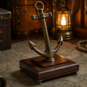 Ancre d’amirauté pirate miniature en alliage bronze patiné sur socle en bois dans une cabine