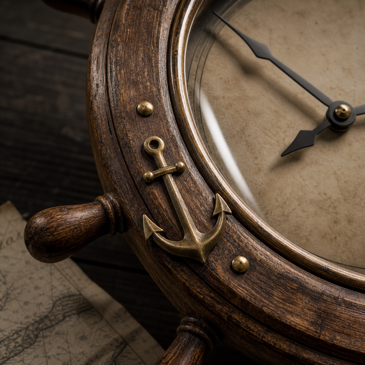 Détail de l’horloge pirate, bois, ancre et aiguilles