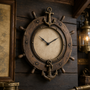 Horloge murale pirate ancre et gouvernail en bois