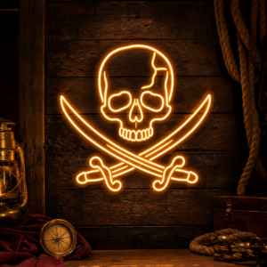 Enseigne néon pirate tête de mort et sabres sur mur en bois