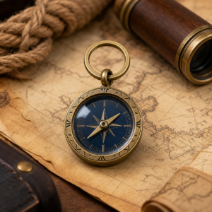 Boussole pirate de poche en laiton sur carte nautique