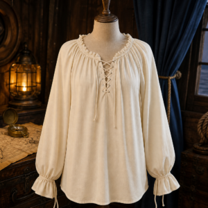 Blouse pirate renaissance ivoire à manches longues et col froncé