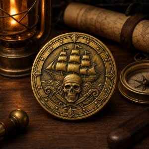Pièce décorative pirate dorée avec navire et crâne