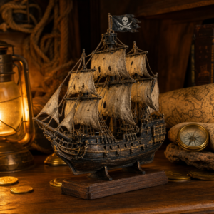 Maquette de navire pirate miniature avec voiles patinées et pavillon noir