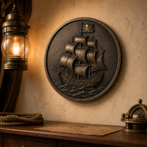 Médaillon mural pirate en aluminium avec voilier en relief