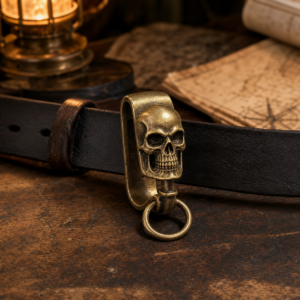 Crochet de ceinture pirate crâne en laiton sur cuir