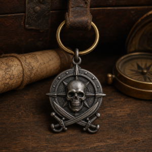 Porte-clé pirate tête de mort et compas en métal