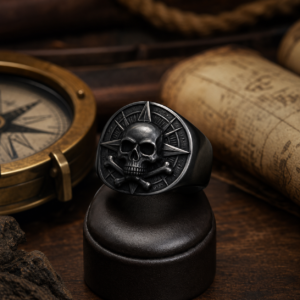 Bague pirate noire en acier 316L avec crâne et compas