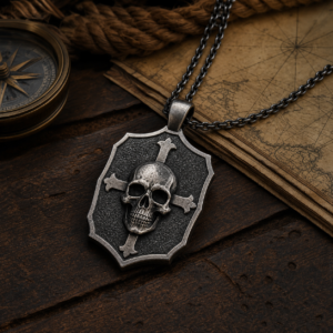 Pendentif pirate croix et crâne en acier 316L sur carte nautique