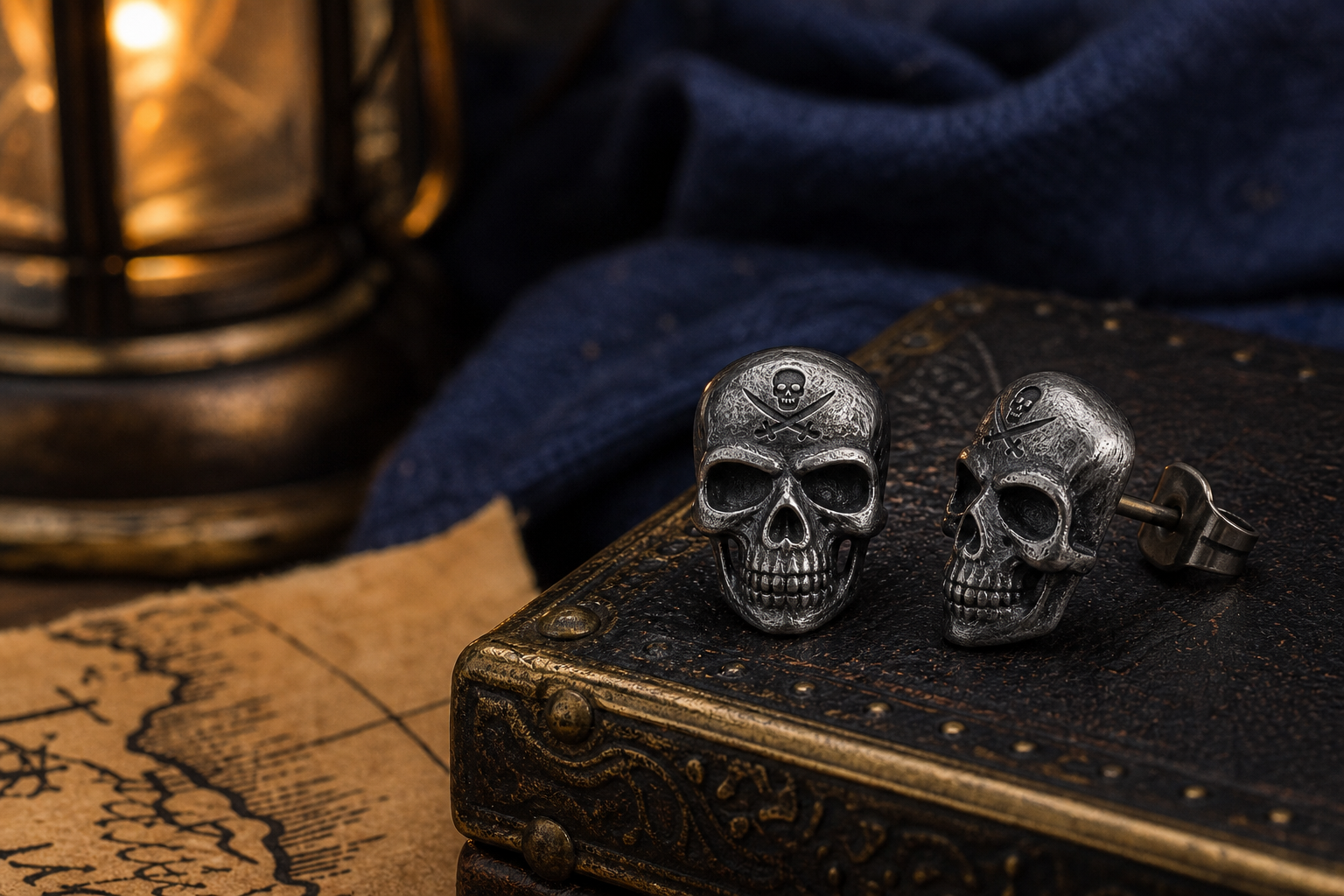 Détail des boucles d’oreilles pirate mini-crâne montrant le relief et le fermoir
