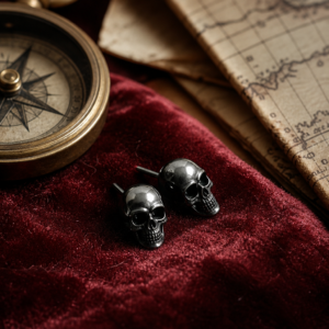 Boucles d’oreilles pirate tête de mort noires sur velours bordeaux