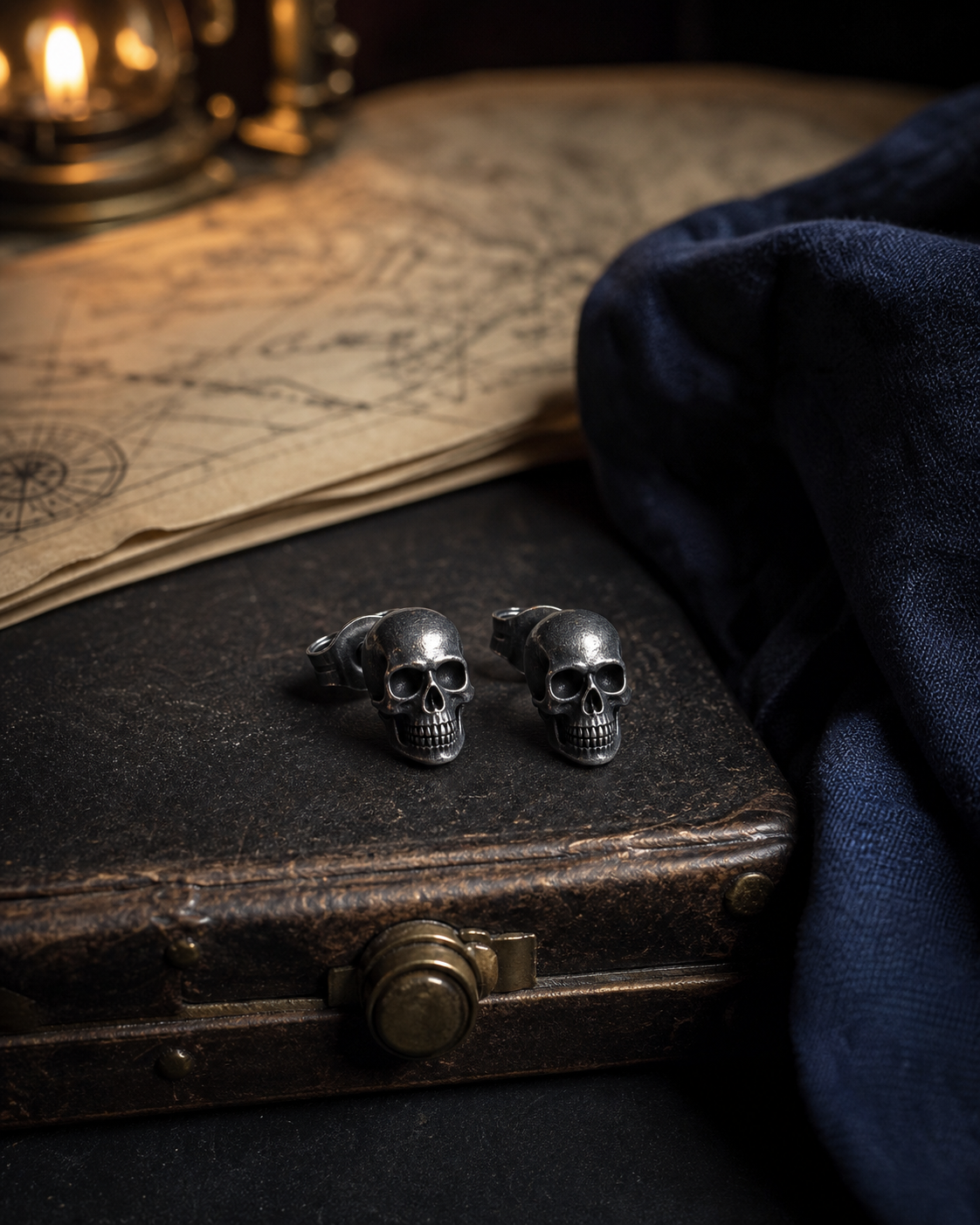 Paire de boucles d’oreilles pirate mini-crâne en métal sombre